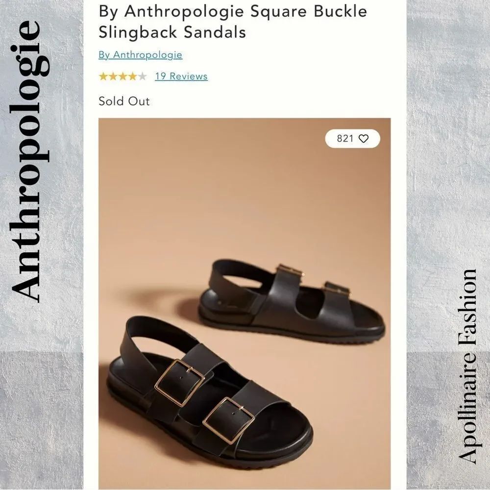 Anthropologie Black Square Buckle Slingback Sandals Size 39 New